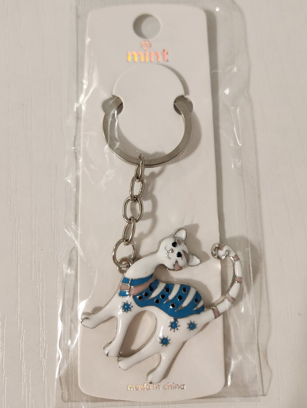 Mint Silver Cat Keychain with Blue And White Enamel